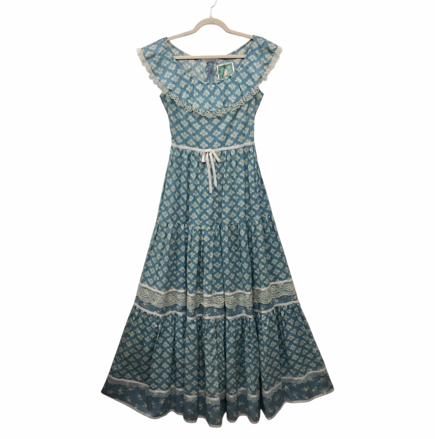 VTG 70’s Homespun Ltd Prairie Dress Blue Floral Tiered Lace Trim Hong Kong Sz 9