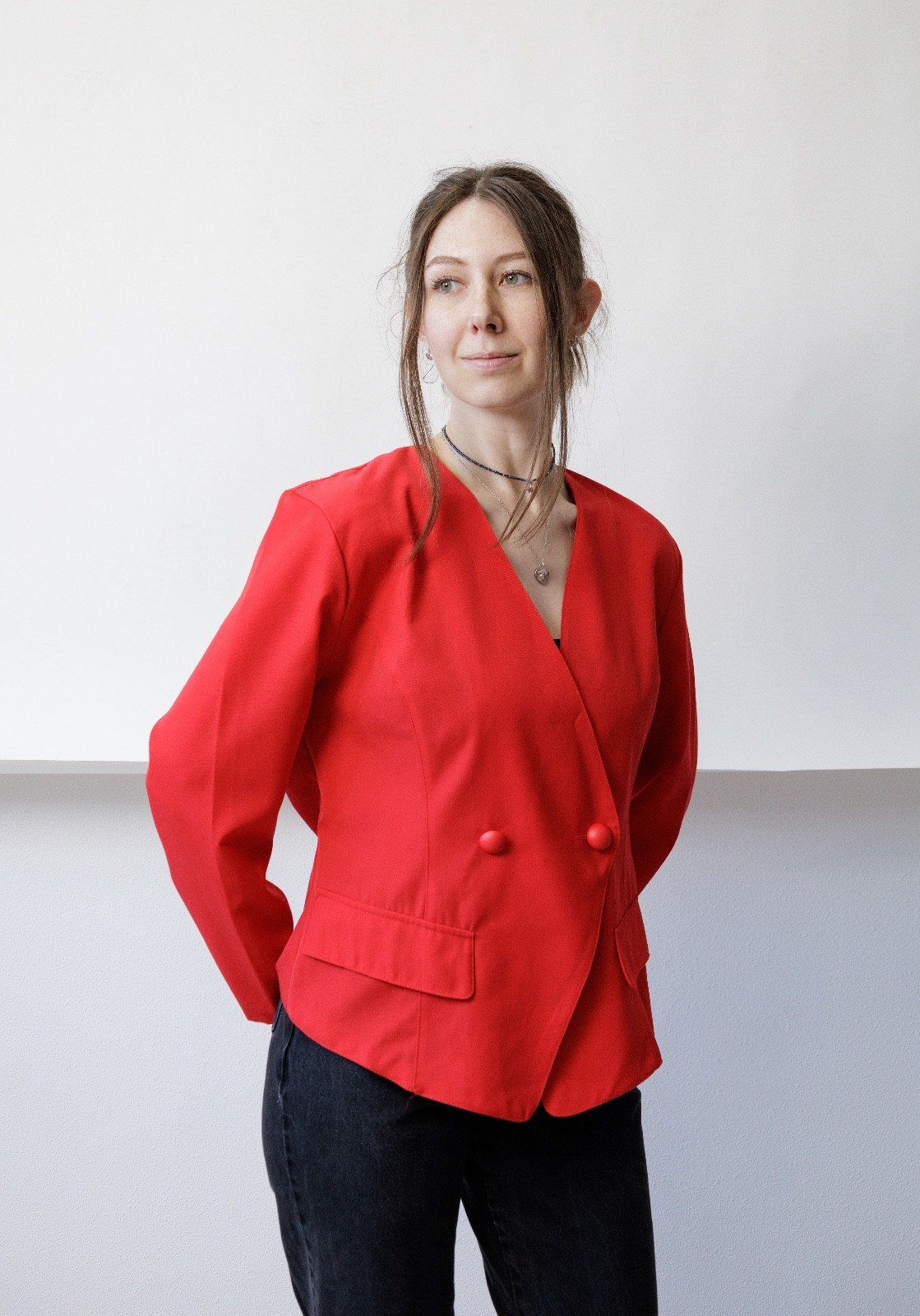 Vintage 80s Crimson Red Wool Blend Blazer Collarless V-Neck Power Jacket Women&rsquo;s