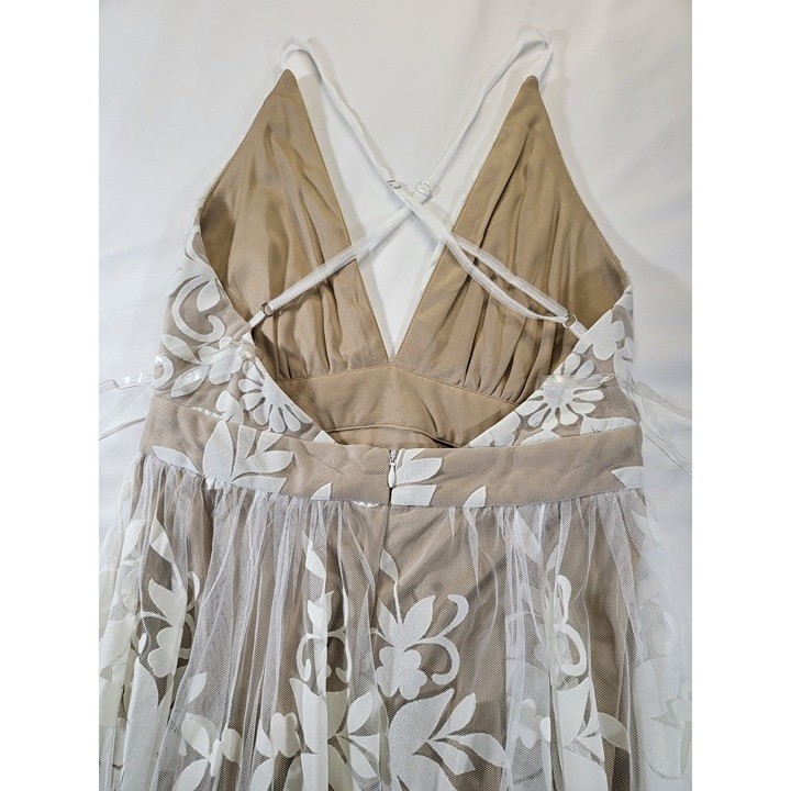 The Vintage Shop Nude White Floral Lace Tulle Dress Boho Deep V Back Size M