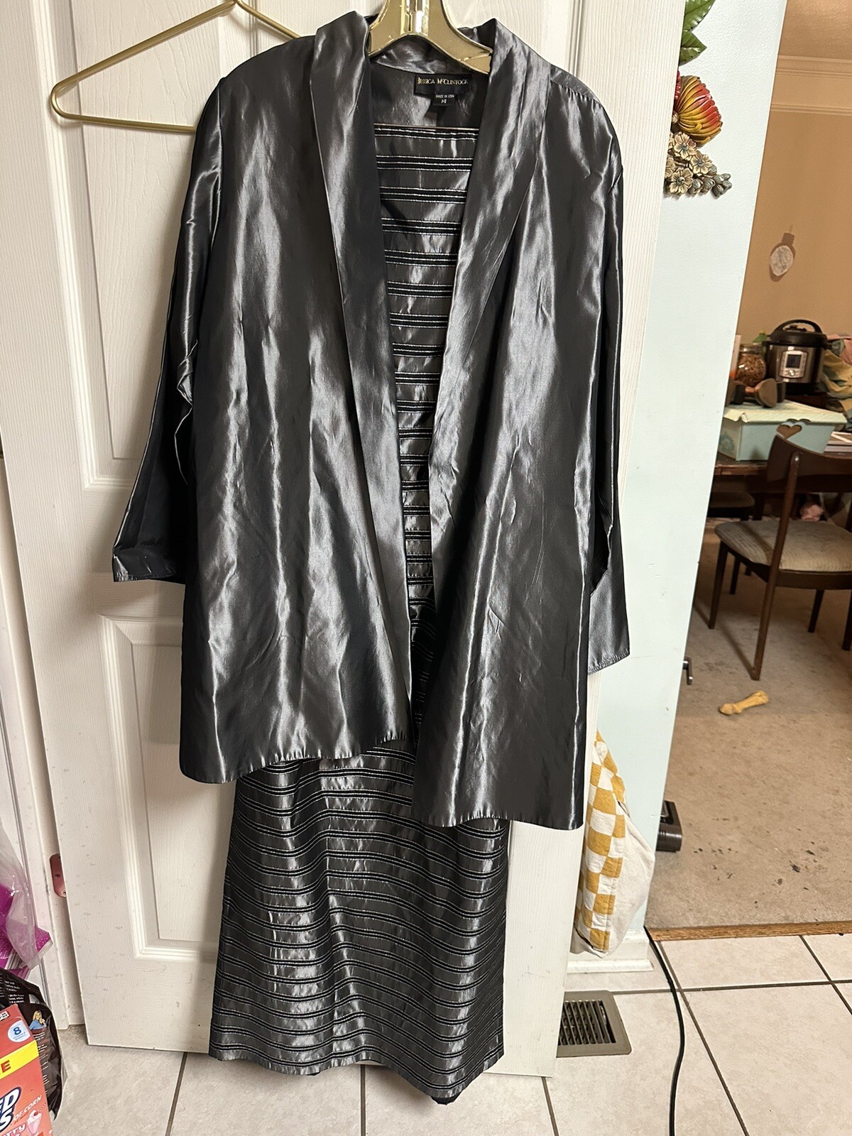 2pc Jacket Dress Set 90s Large Silver Gray Strapless Metallic Silky MOB Formal