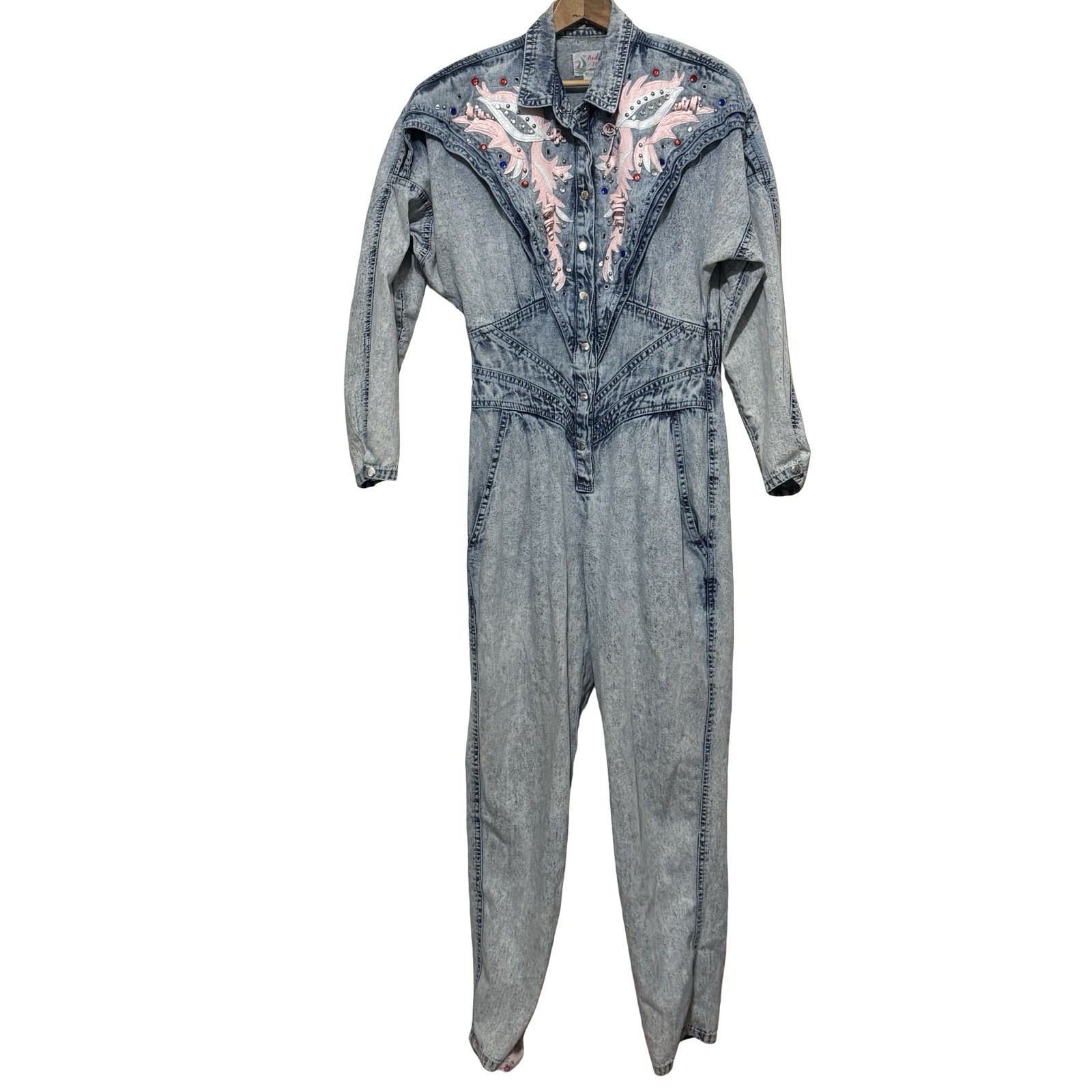Vintage 80s Amdiano Italia Denim Acid Wash Jumpsuit size Medium pink leather gem