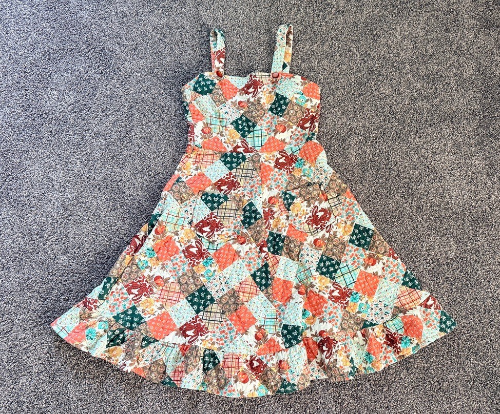 Vintage Handmade Patchwork Prairie Dress Pockets Snap Straps Cottagecore