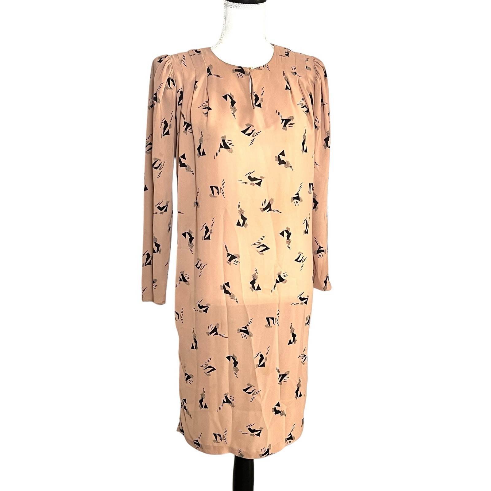 Vtg 80s La Milan NY Blush Pink Abstract Shift Dress Puff Sleeve Medium As Is