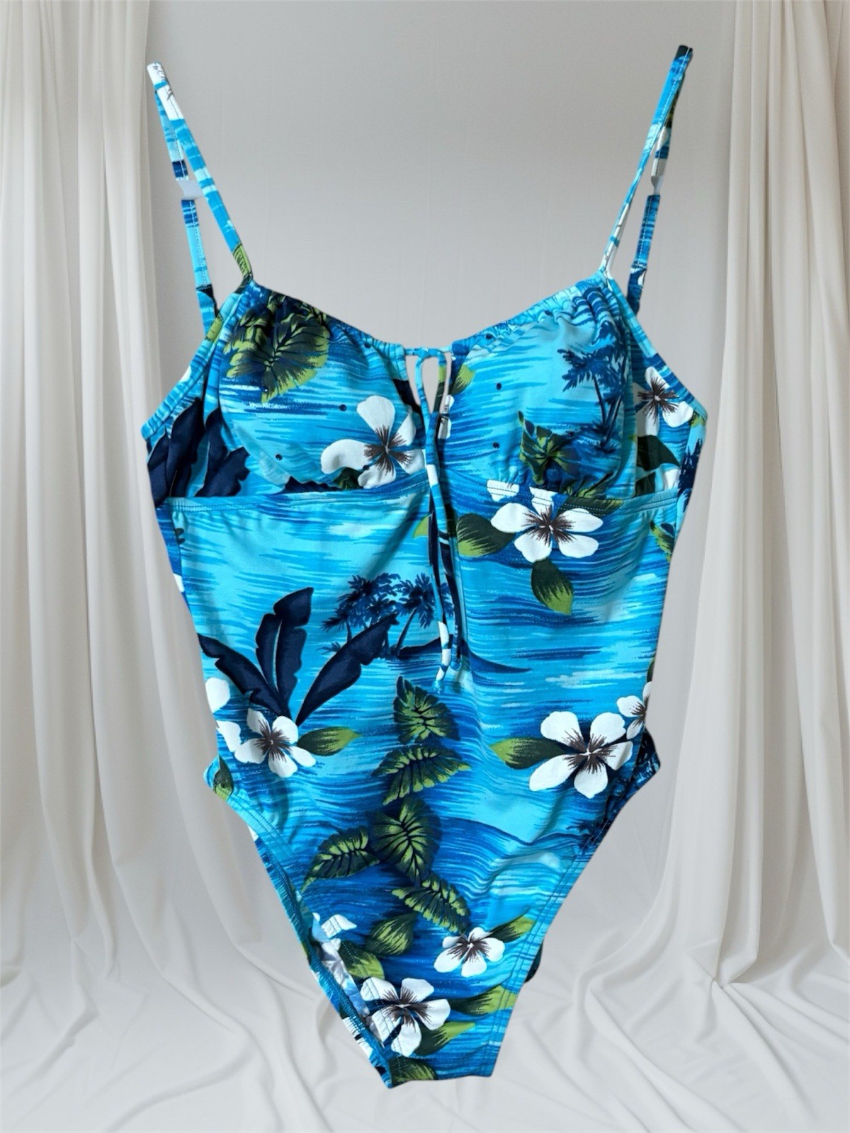 VTG Swimsuit Baja Blue Size 10 90s Blue Hawaiian Print Jewels EUC B-38” W-34”