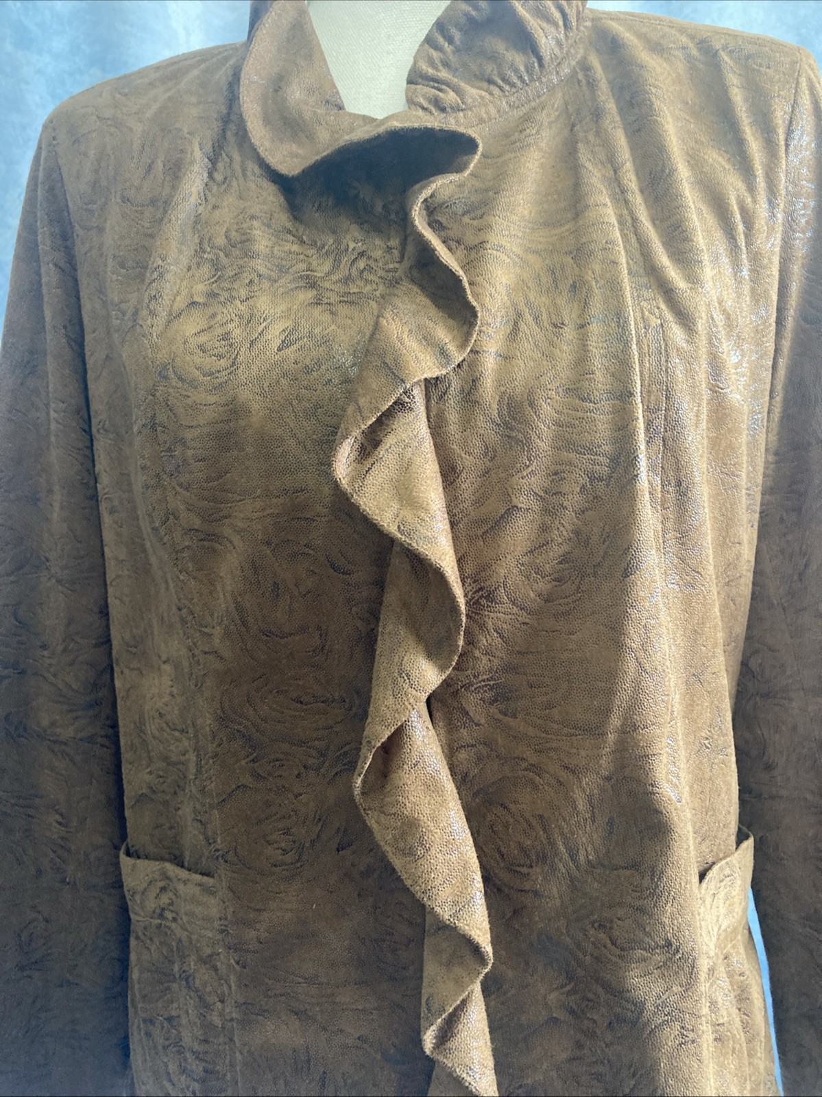 Elementz Brown Faux Suede Ruffle Front Jacket Size M EUC Vintage Y2K MFLJ0128