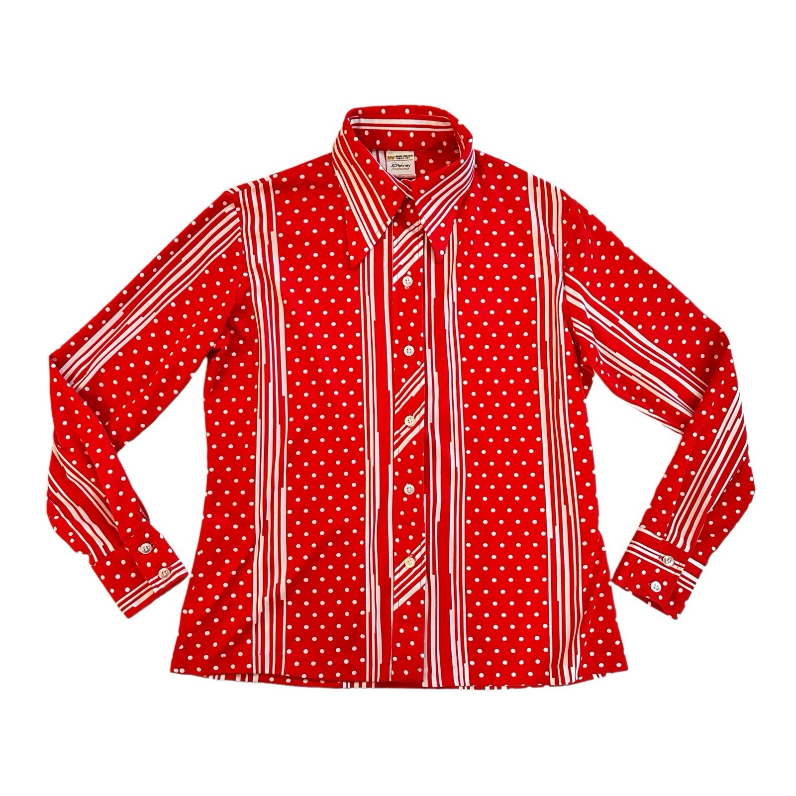 VTG 70s JC Penny Dagger Collar Buttonup Shirt Womens 16 Clown Red Striped Dot