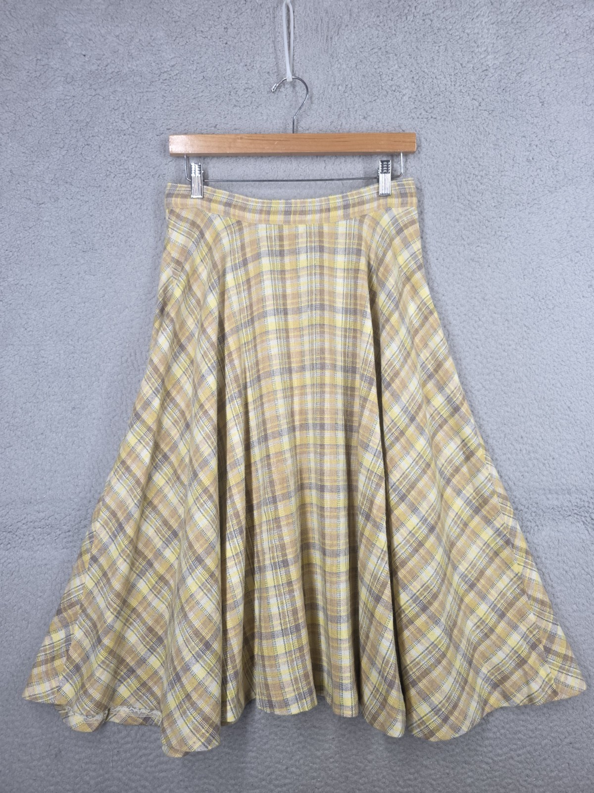 Vintage Yellow Plaid Circle Skirt Small 1970s Wool Blend Midi A Line