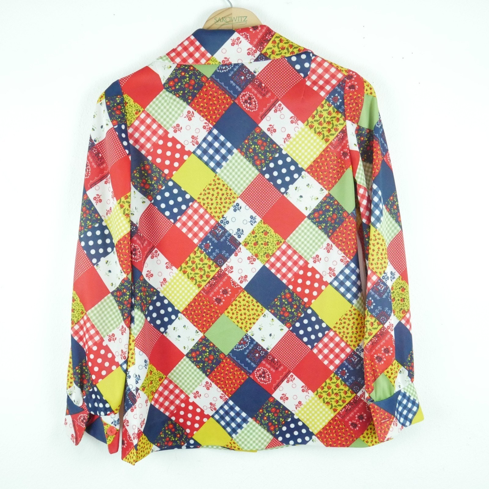 Vintage XS Shirt 70s Patchwork Print Novelty Retro Disco Hippy Polyester Plaid