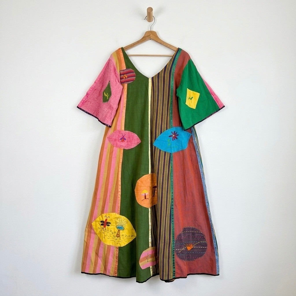 Vintage Handmade Patchwork Maxi Dress Embroidered Art to Wear Multicolor Kaftan