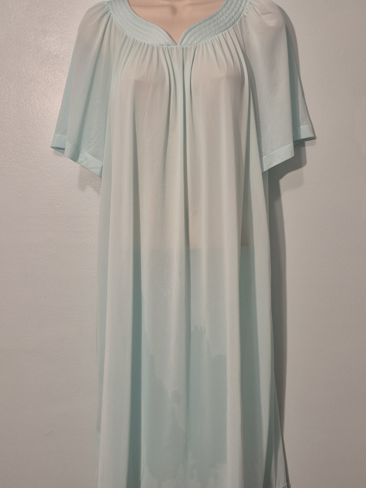 Vtg 70s 80s Shadowline Nightgown L Aqua Blue Nylon Flutter Sleeve Pleated USA