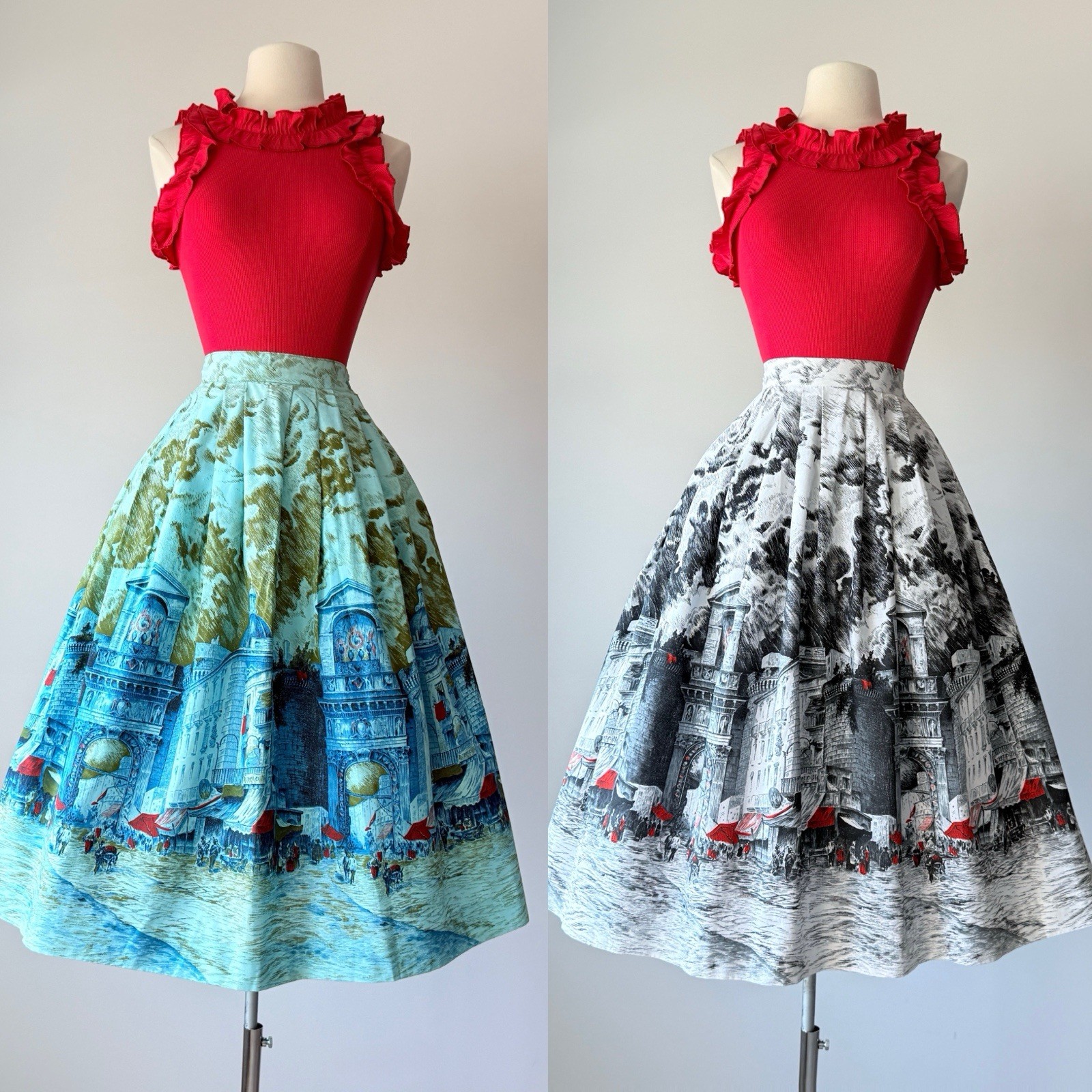 Vintage Millworth Renaissance Skirts Lot (2) Cotton Novelty Border Print XS 24