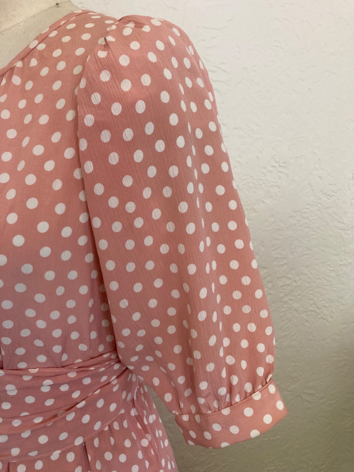 🇫🇷Vtg Yves Saint Laurent Polka Dot Pink Dress Puff Blouson Sleeve France Sz.36