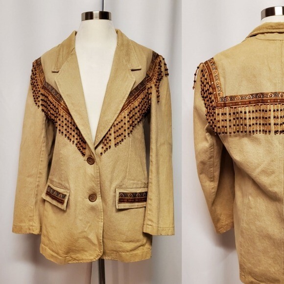 Vintage David David Tan Denim Jean Jacket Blazer Southwestern Beadwork Fringe S