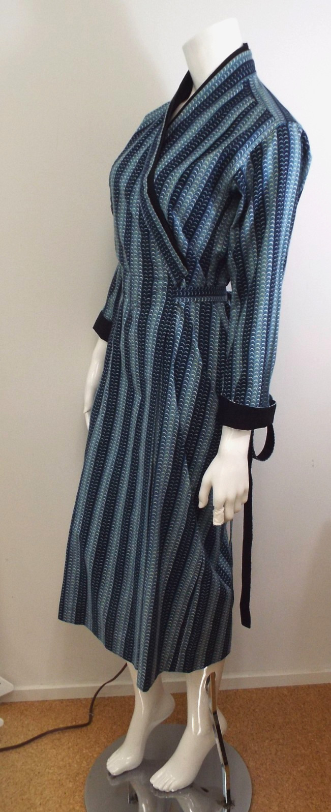 Vintage 1970s KENZO Jap Kimono Long Robe Dress 38 Blue Cotton Wrap Front Belt