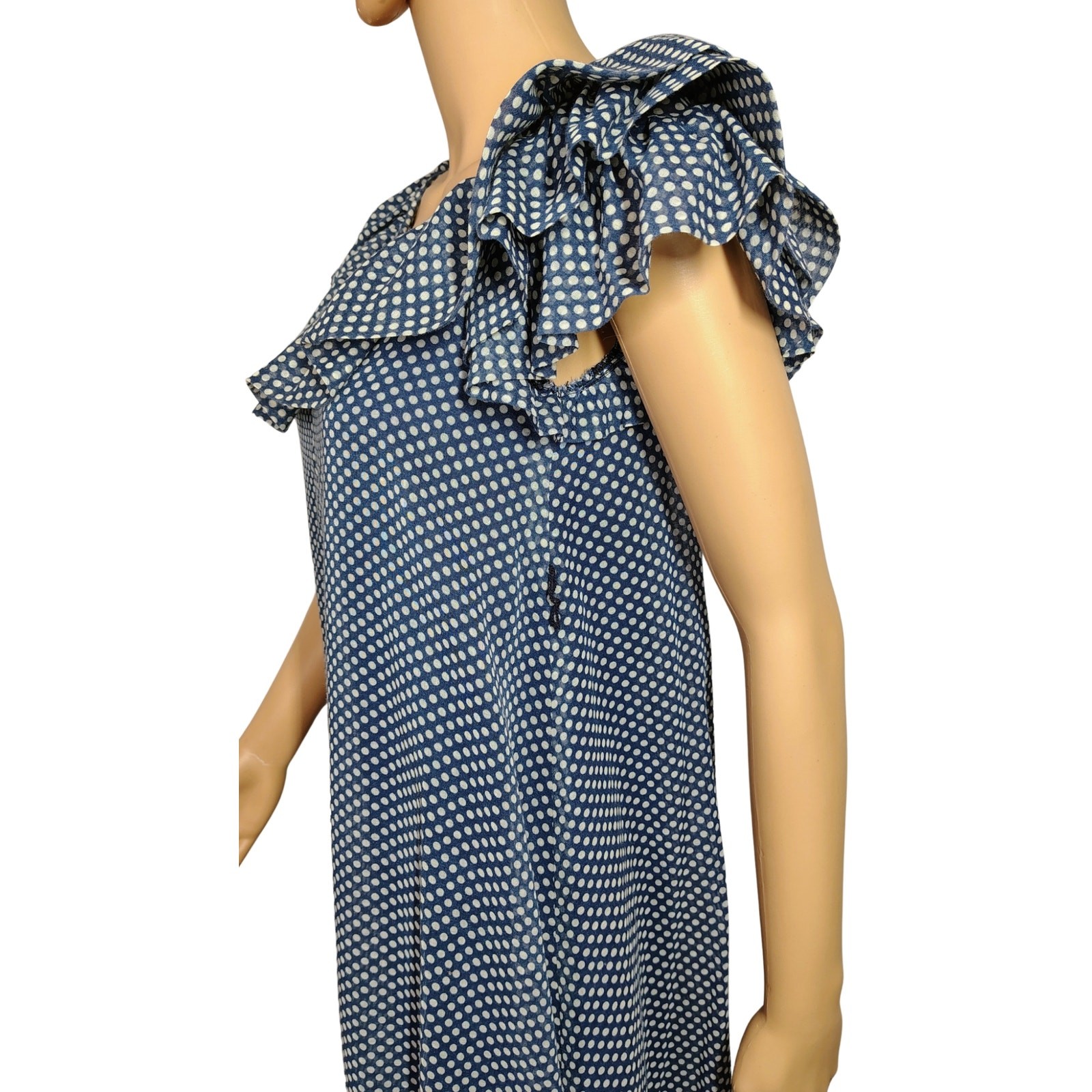 70s Joseph Magnin Blue Polka Dot Evening Gown Maxi Ruffled Neckline Dress Size 8