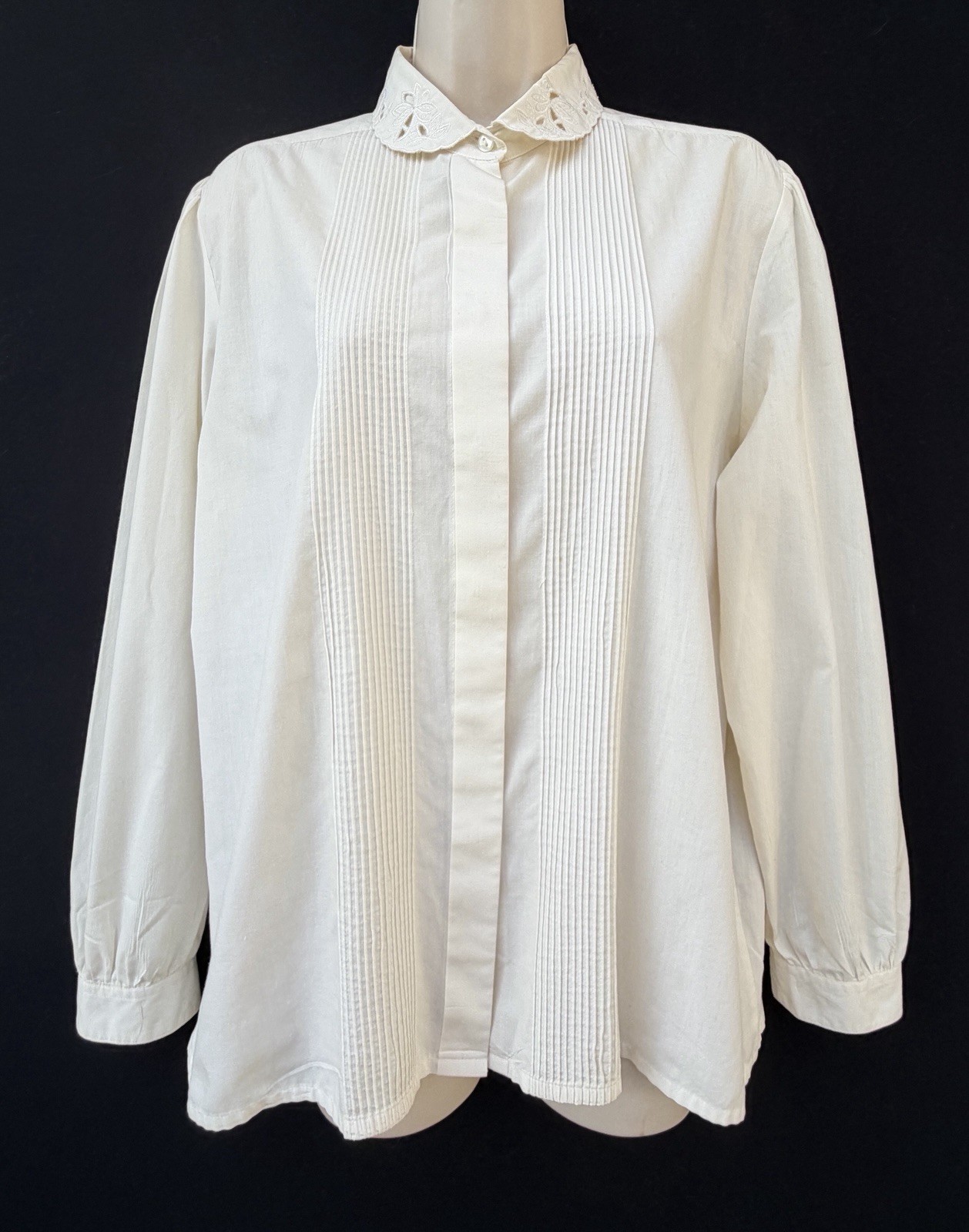 VINTAGE MR. WITT EYELET LACE PINTUCK BLOUSE SHIRT 12 LARGE L FLORAL ACADEMIA WOW