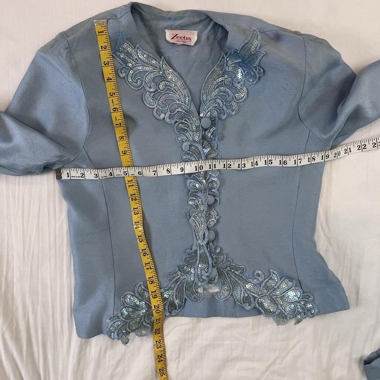 Powder Blue Shantung Skirt And Sequined Jacket Set Vintage 80s Size S/M Zeeba NY