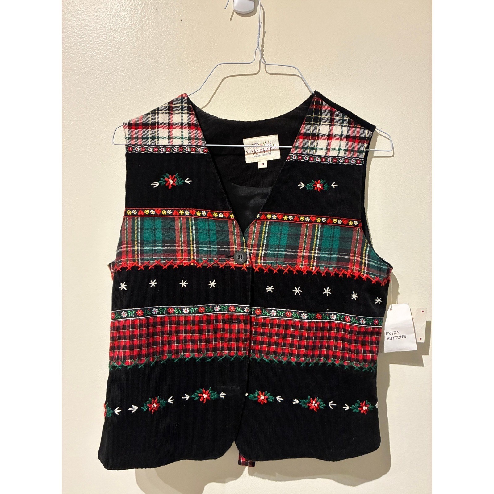 NWT Susan Bristol Vintage Christmas Plaid Corduroy Embroidered Vest Petite