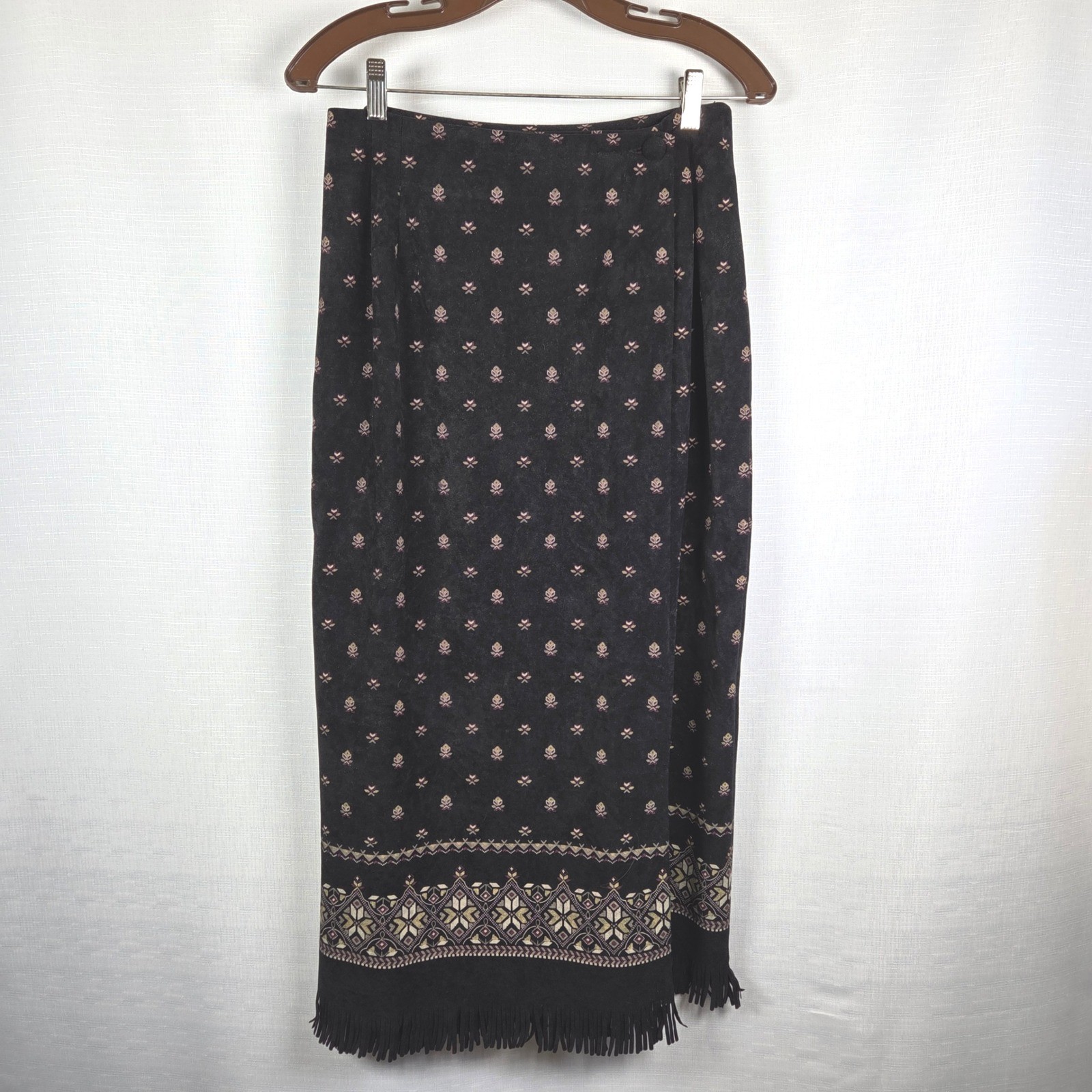 VTG Karin Stevens Petites Black 2 Piece Skirt Suit Women&rsquo;s 10P Fringe Hem Velvet
