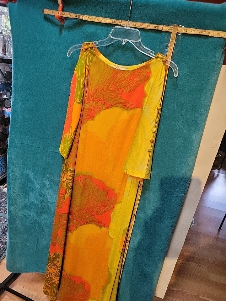 Kiyomi Hawaii Bright Orange Yellow Maxi Dress Slit Shoulder / Sleeve Sz 8 70&rsquo;s