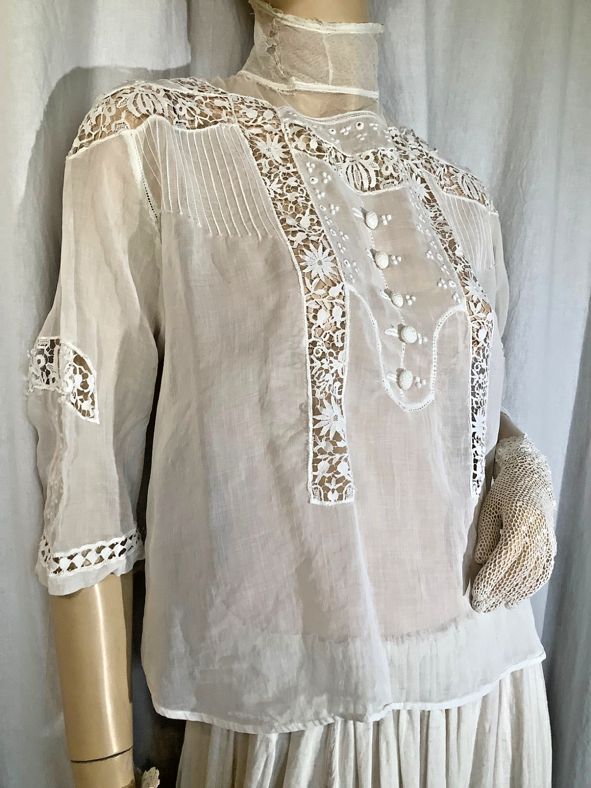 antique Edwardian blouse Top white Cotton lace M heirloom High neck 3/4 sleeve