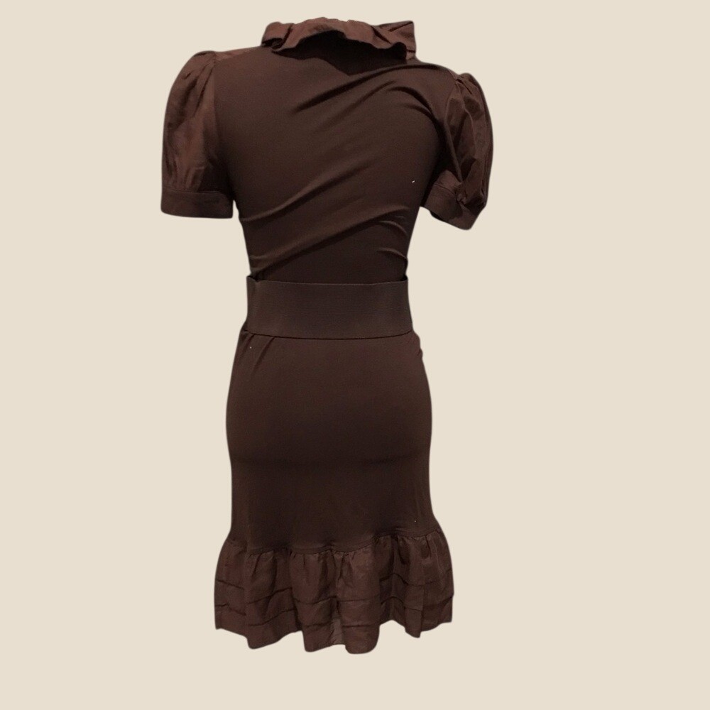 Bebe Vintage Y2k Chocolate Brown Ruffle V-Neck Belted Bodycon Midi Dress