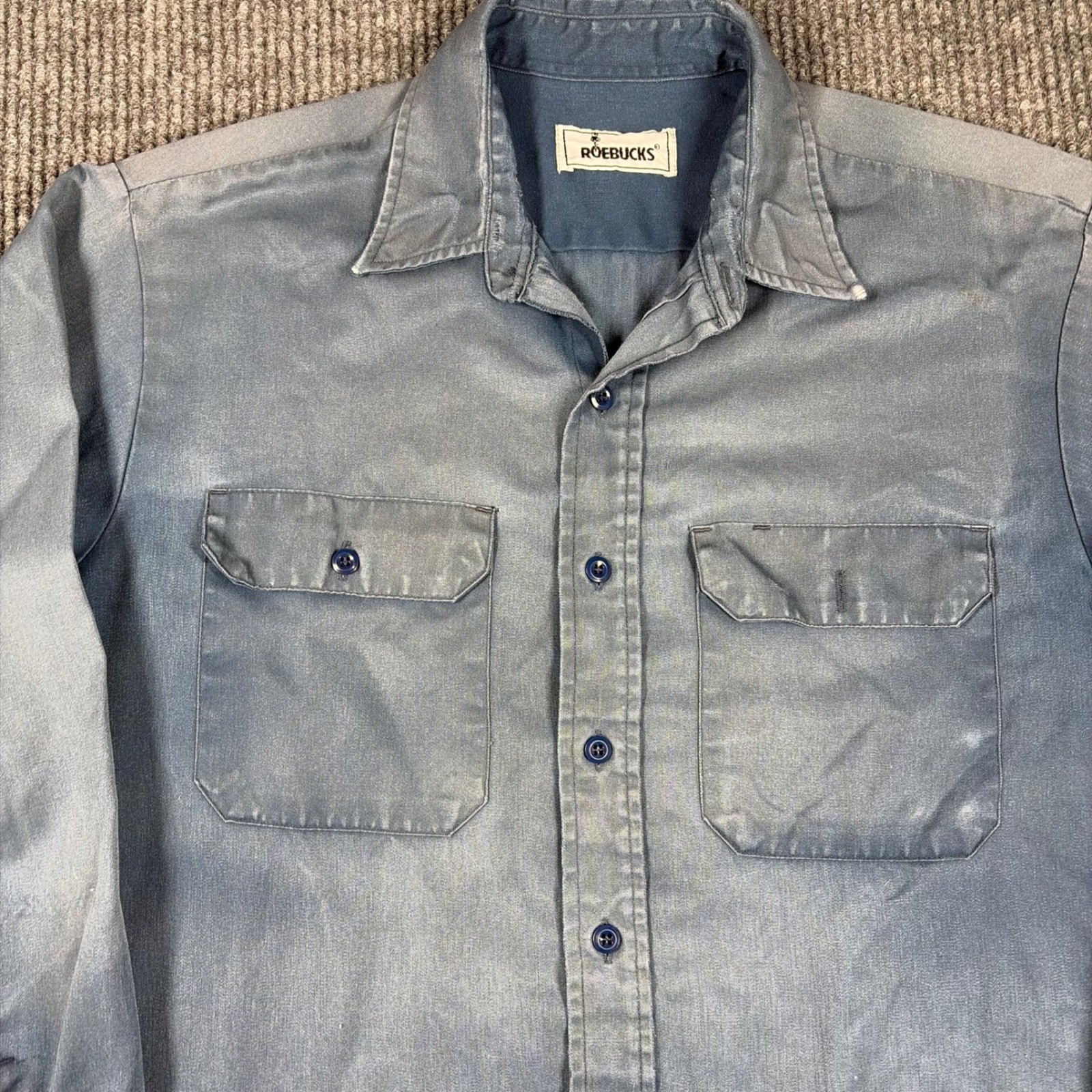 Vintage Roebucks Shirt Womens M Blue Work Faded Distressed Long Sleeve Button