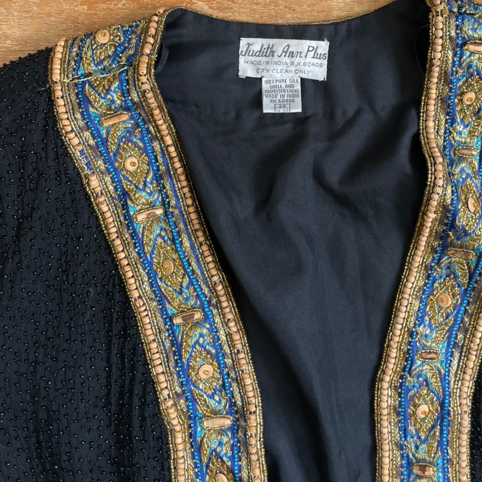 Vintage Beaded Silk Long Jacket Size XL 1980s Embroidered Wood Beads Open Front