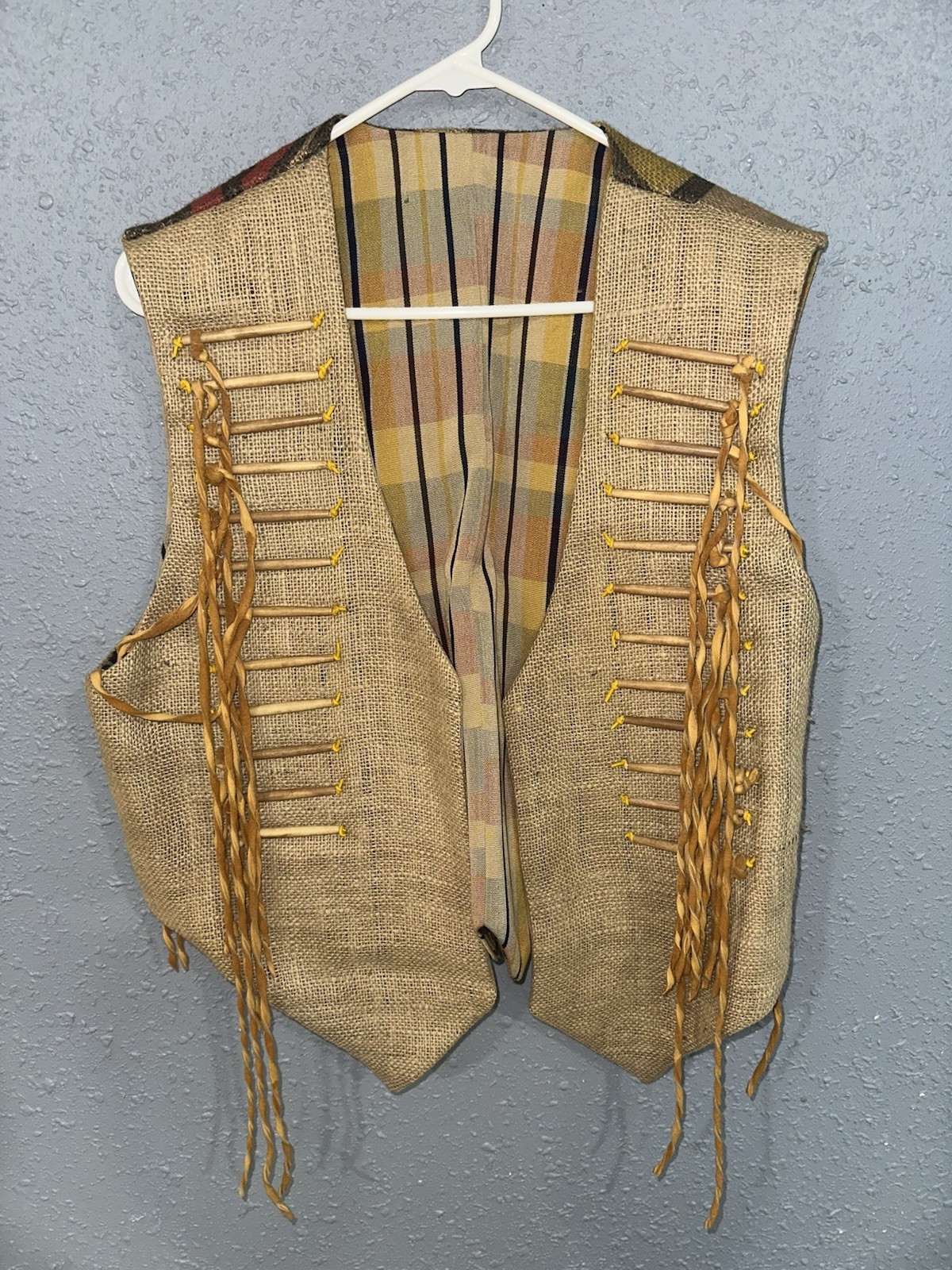 Vintage Handmade Burlap Coffee Sack Vest Boho Western Fringe Lined Festival