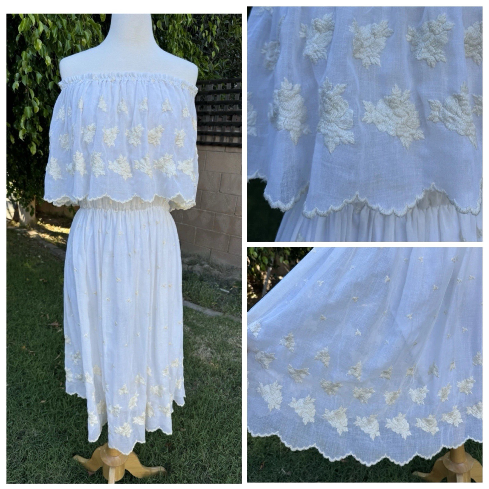 Vintage 70’s Boho Off Shoulder Dress Off White Women S/M Hippy Floral Embroidery