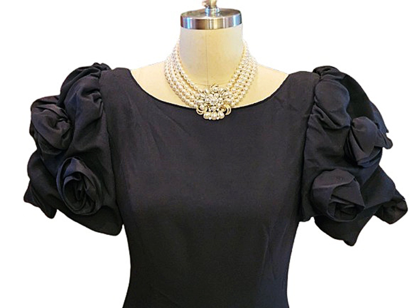 VINTAGE JACK BRYAN &rsquo;80s -&rsquo;90s BLACK EVENING GOWN ROSE SLEEVES HOLLYWOOD GLAMOUR