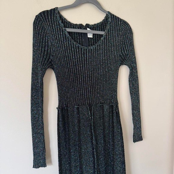 Vintage 70s Rainbow Lurex Stripe Long Sleeve Dress Black Small Maxi Metallic