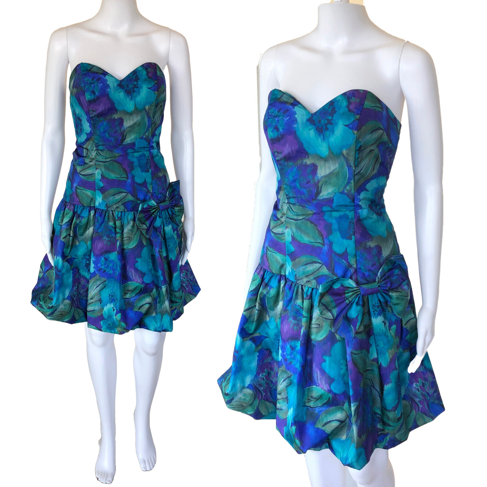 Vintage Floral Blue Green 80s Ruched Back Bodice Strapless Bubble Drop WaisDress
