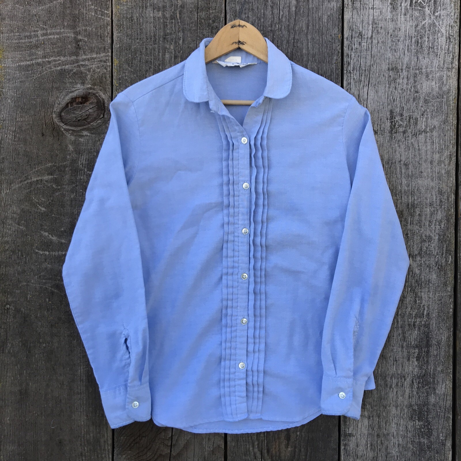 VTG 80s Wrangler Long Time Friend Pintuck Pleated Chambray Peter Pan Blouse XS-S