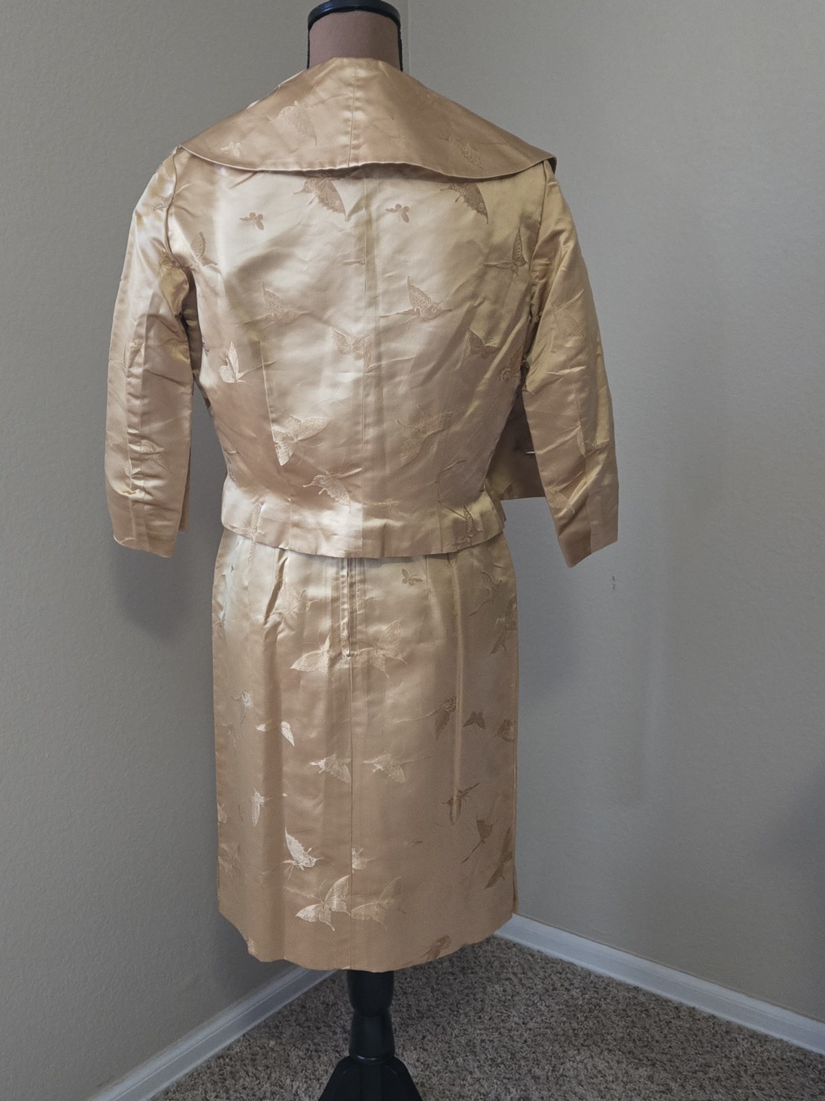 Dynasty Hong Kong Silk Sheath Dress Jacket Butterfly Sz 12 Gold Elegant MCM
