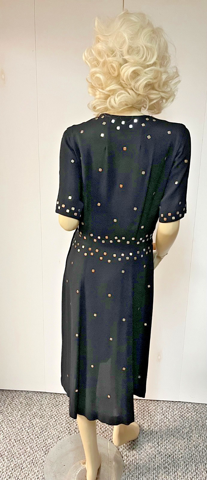 Stunning Prong Set Studded Vintage 1940s Black Rayon Mid Calf Dress Bust 38-39