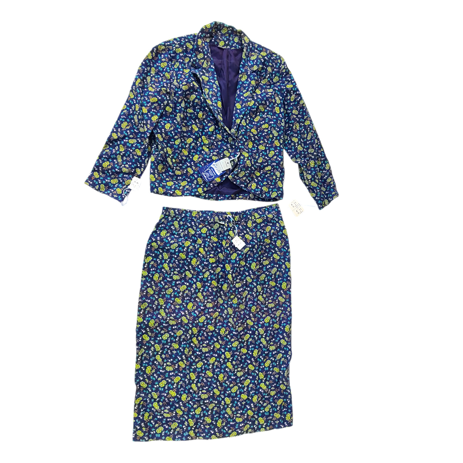 NOS Vintage 1960s 1970s Floral Women&rsquo;s Suit Jacket Skirt Set 100% Cotton Blazer