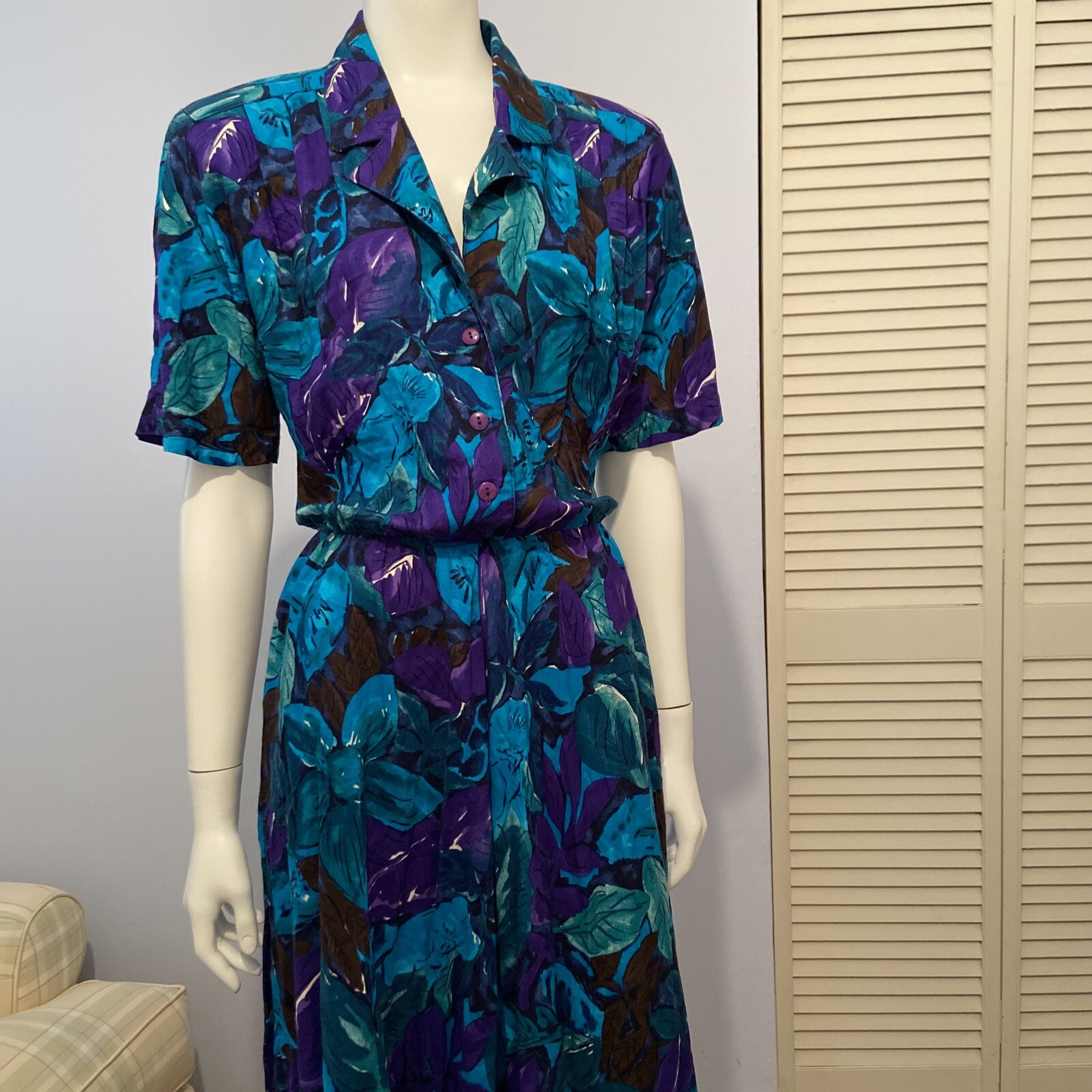 Vtg Jessica Howard Dress Big Flowers Leafs in Greens & Purples Pockets Size 8