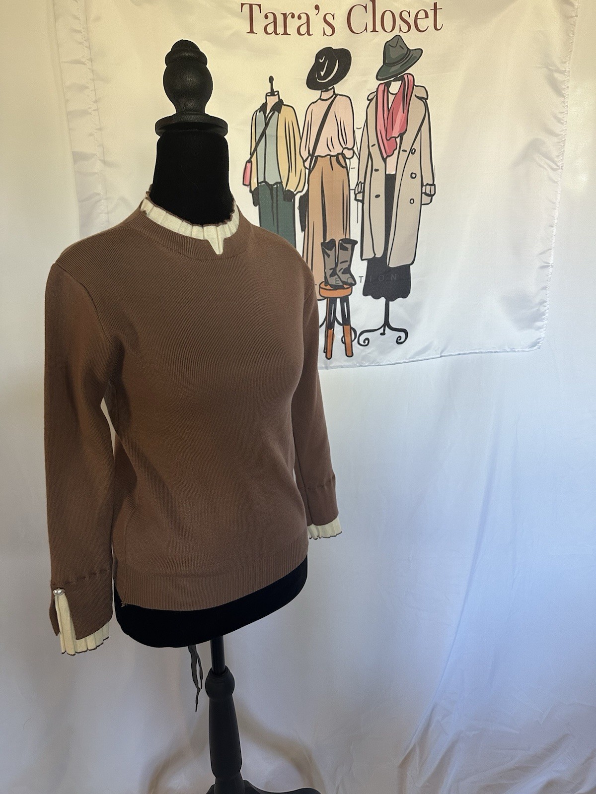 Brown Knit Sweater with Cream Pleated Trim and Pearl Button Detail