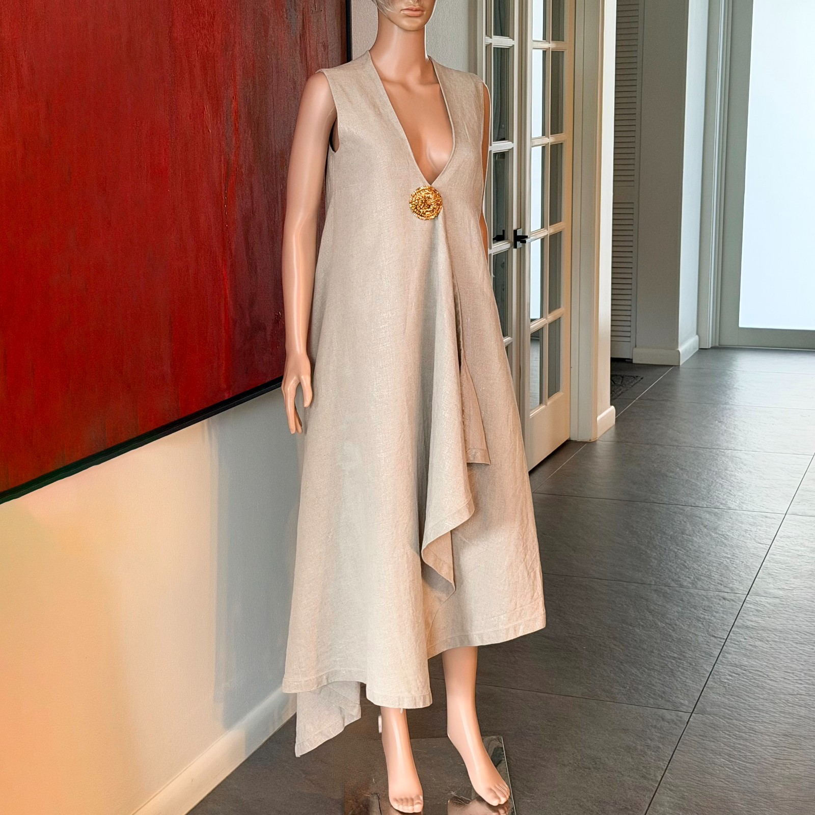 GIANFRANCO FERRE beige asymmetrical flared sleeveless linen dress size 44