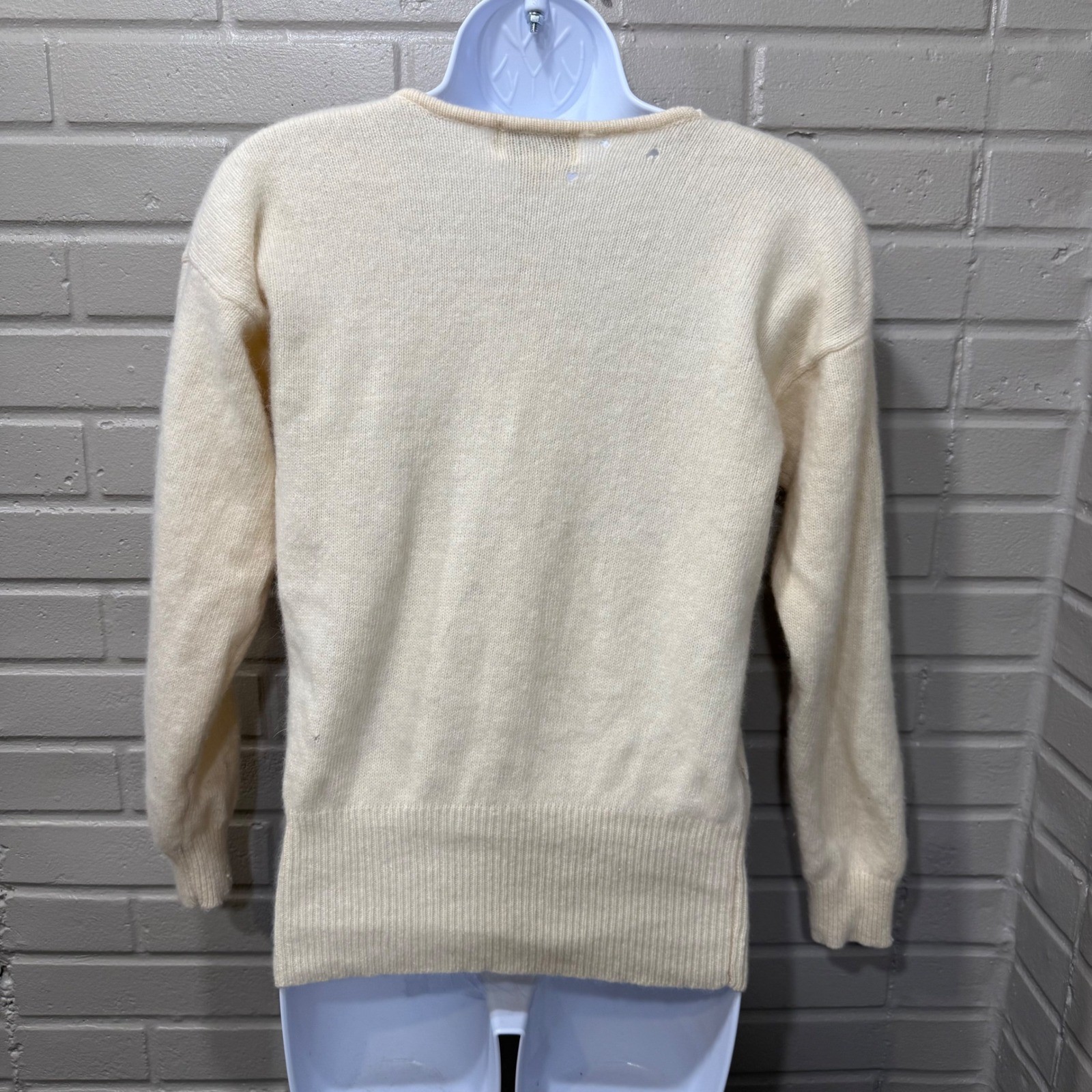 Vintage Angora Lambswool Satin Rosette Sweater Cream Distressed Medium Holes