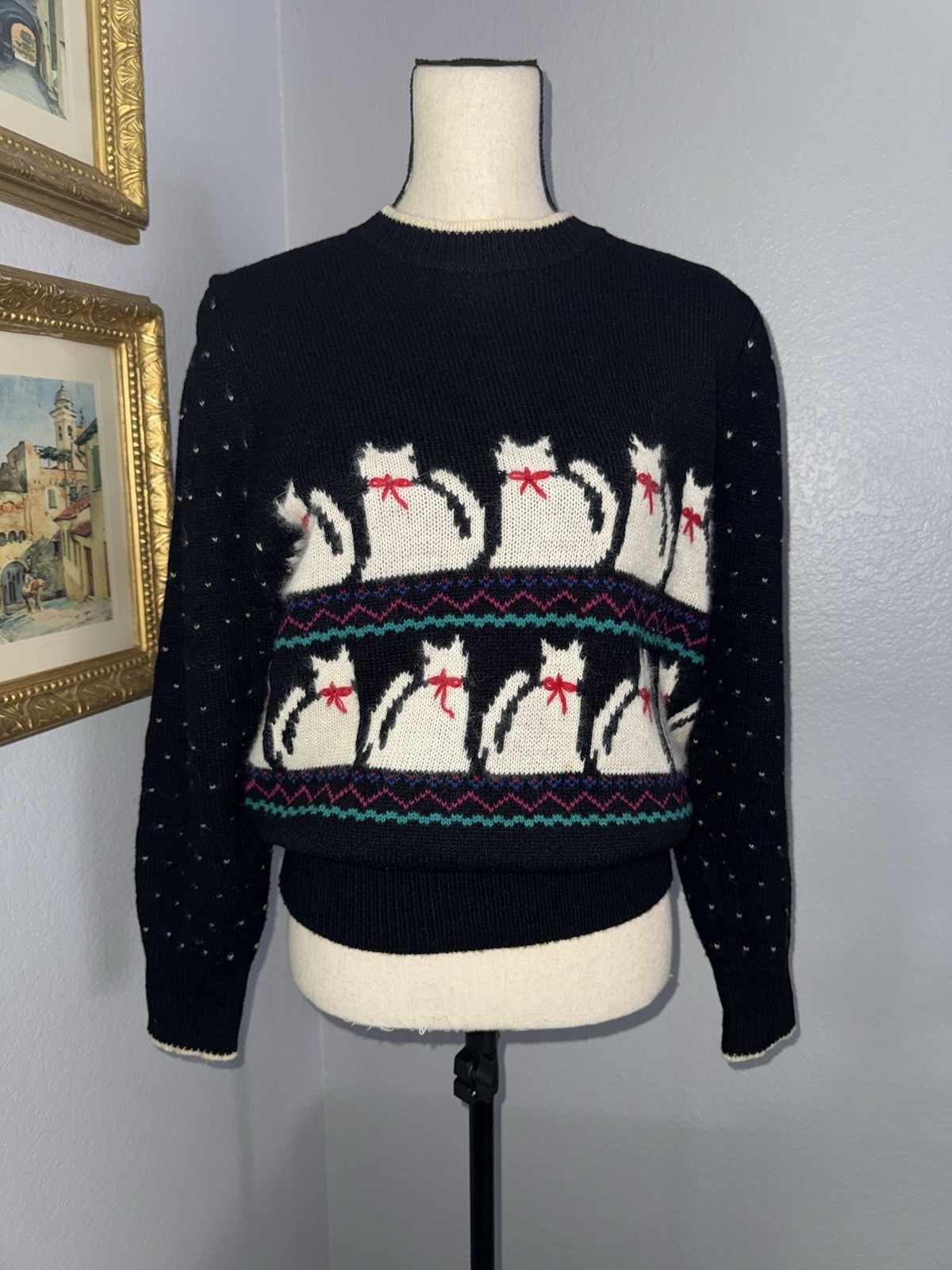Vtg 80s Cat Sweater Puff Sleeve Blend Sz S Whimsical Kitschy Charm Parisian Chic