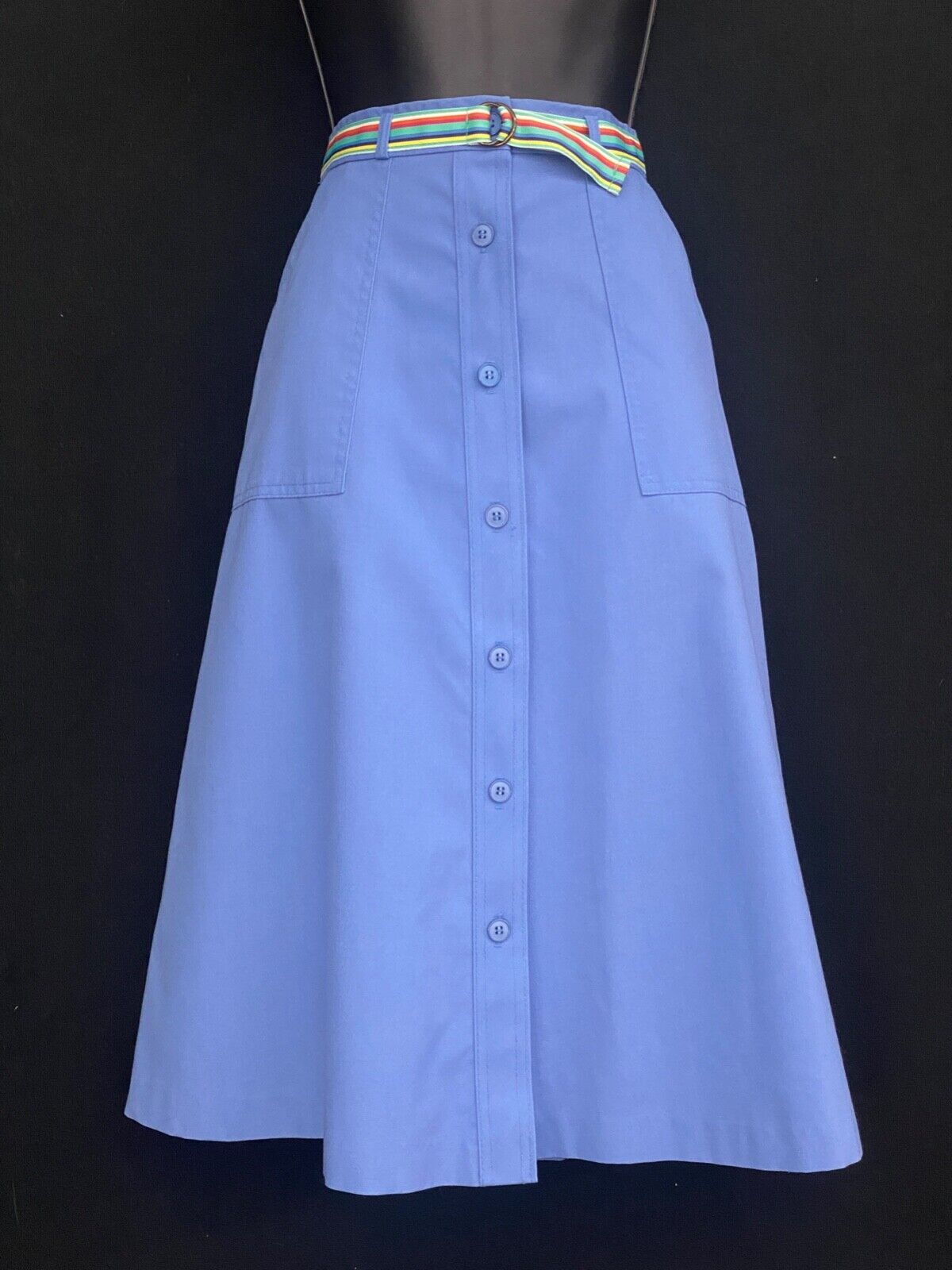 Vintage 1970s blue A-line skirt, cotton knee length high waist rainbow belt XS S