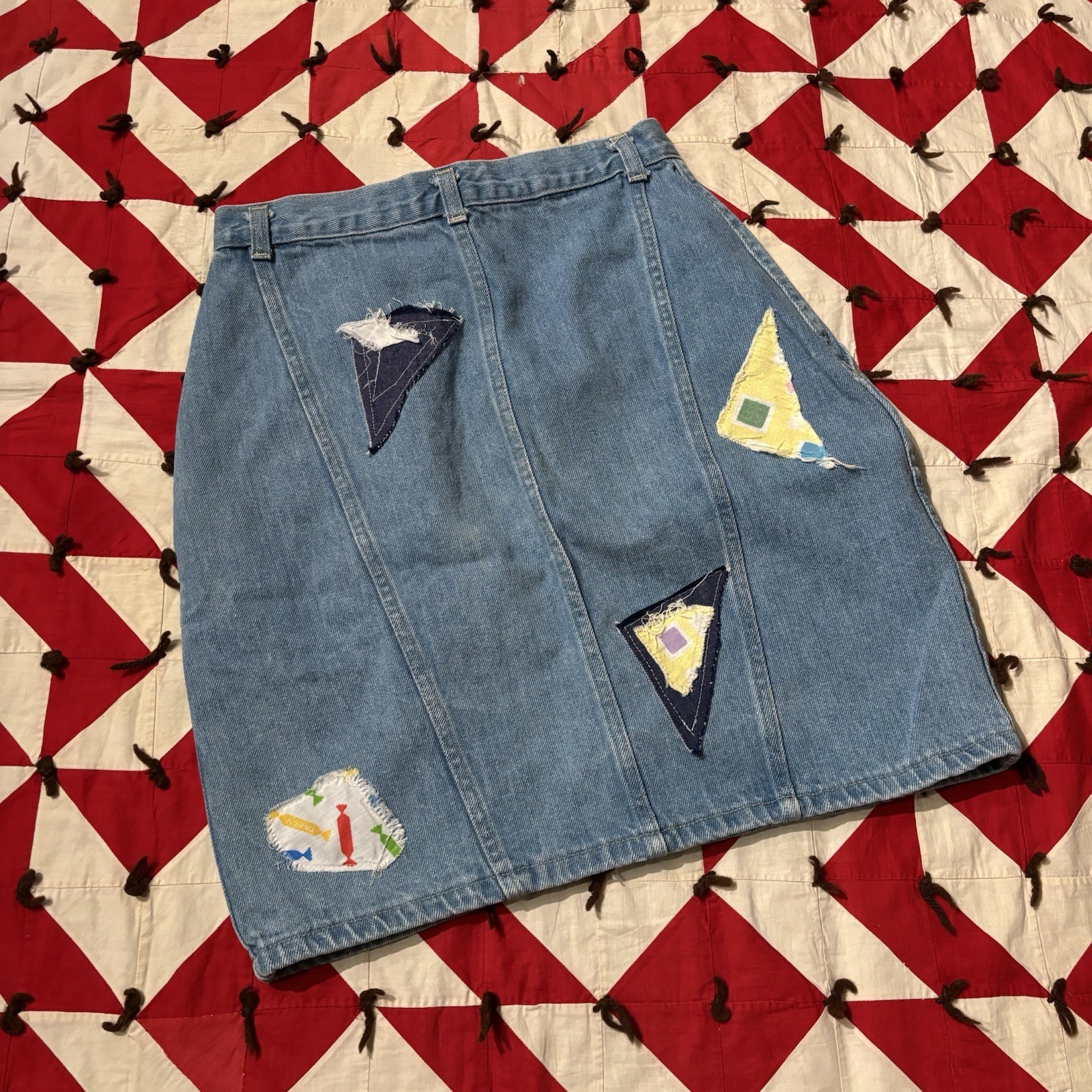 Vintage 1980s Patchwork Denim Skirt As Is Worn Flaws Stains Homemade