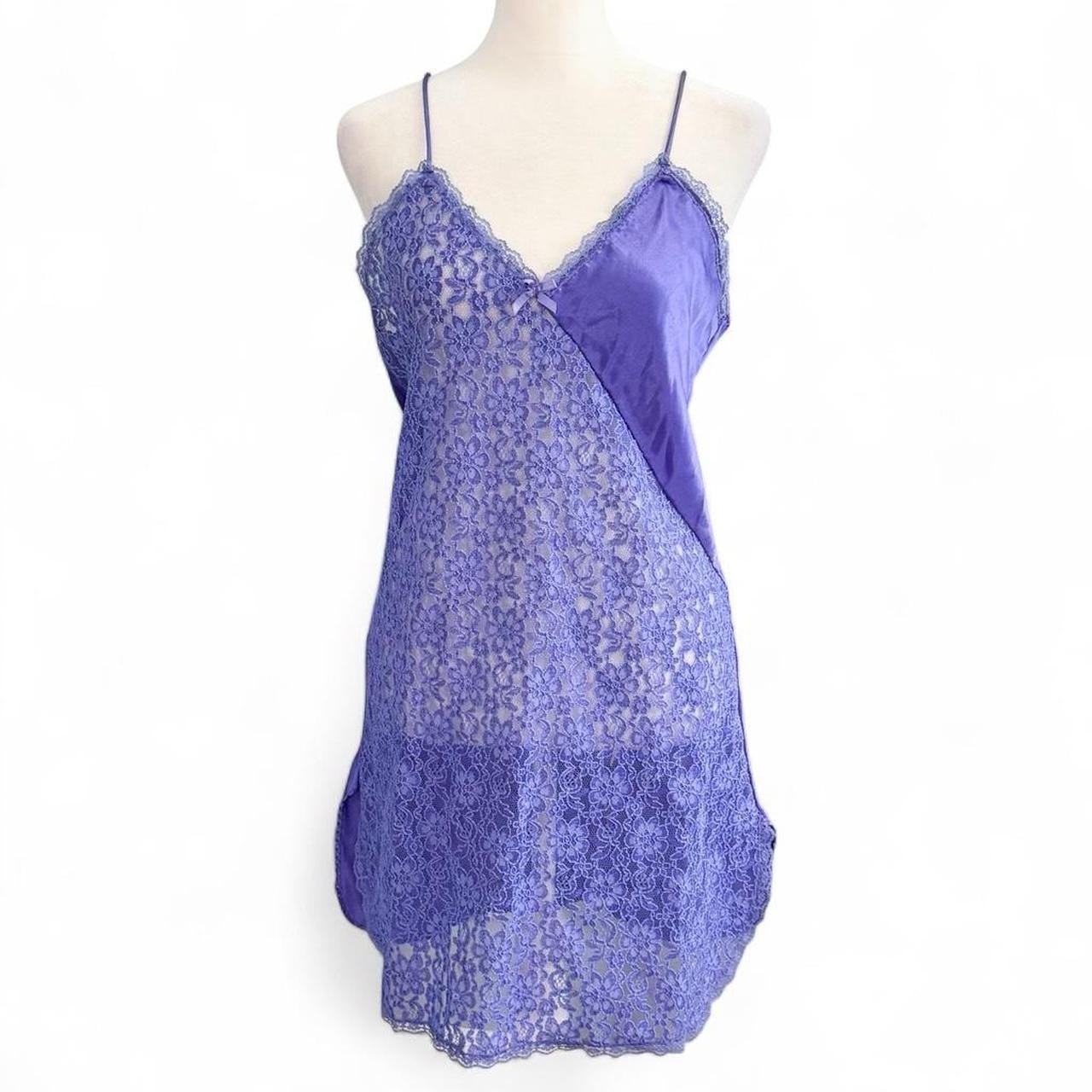 Vtg 80s Sassoon Purple Satin Lace Short Nightgown Chemise Sz M