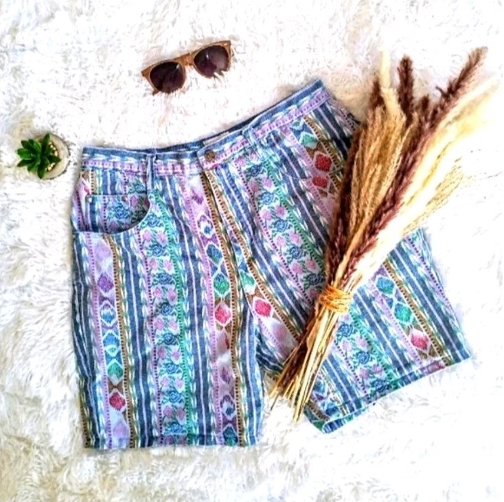 Vintage 90s Denim Republic Floral Striped High Waisted Shorts