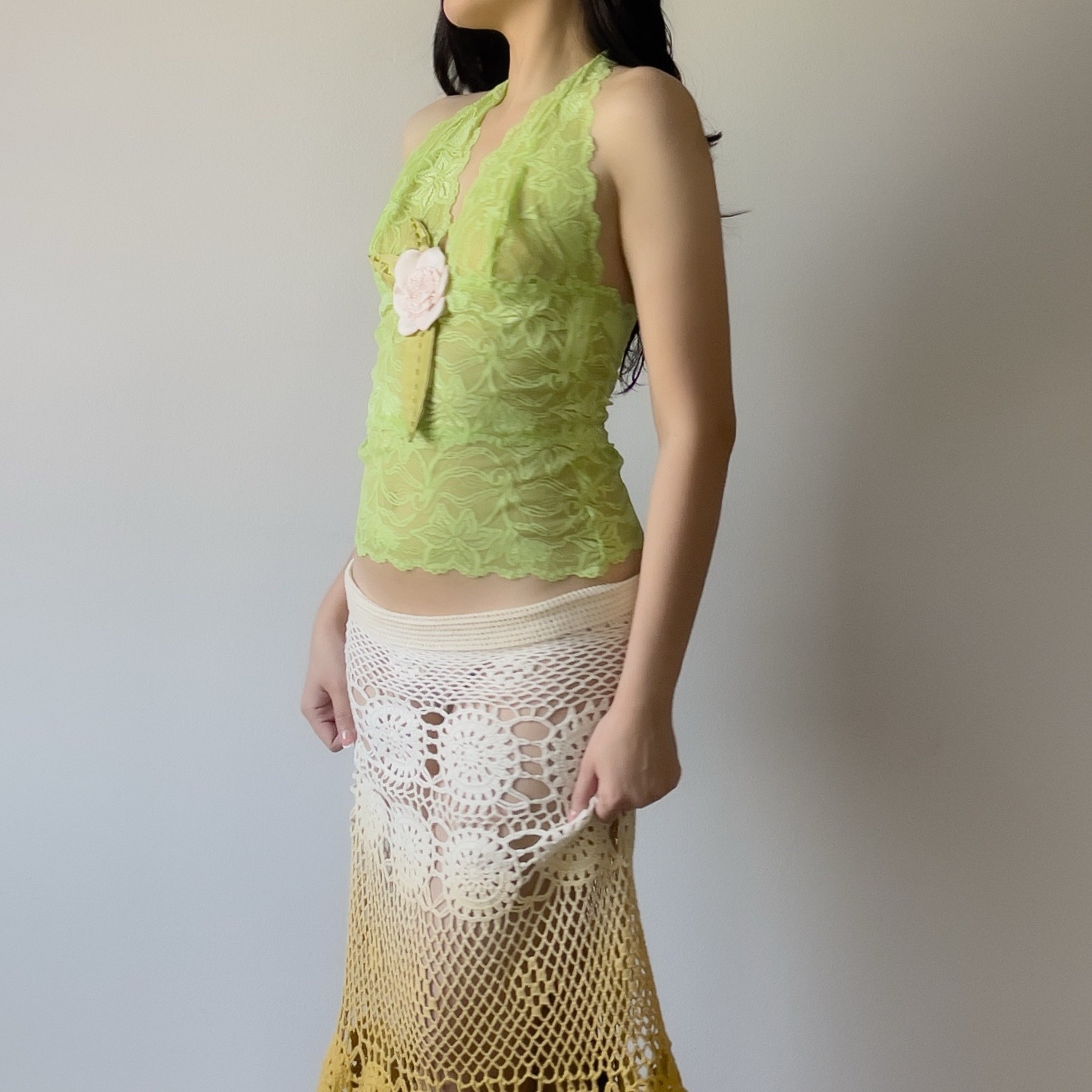 Romantic Frederick’s of Hollywood Y2K Lime Green Lace Sheer Halter Camisole (M)