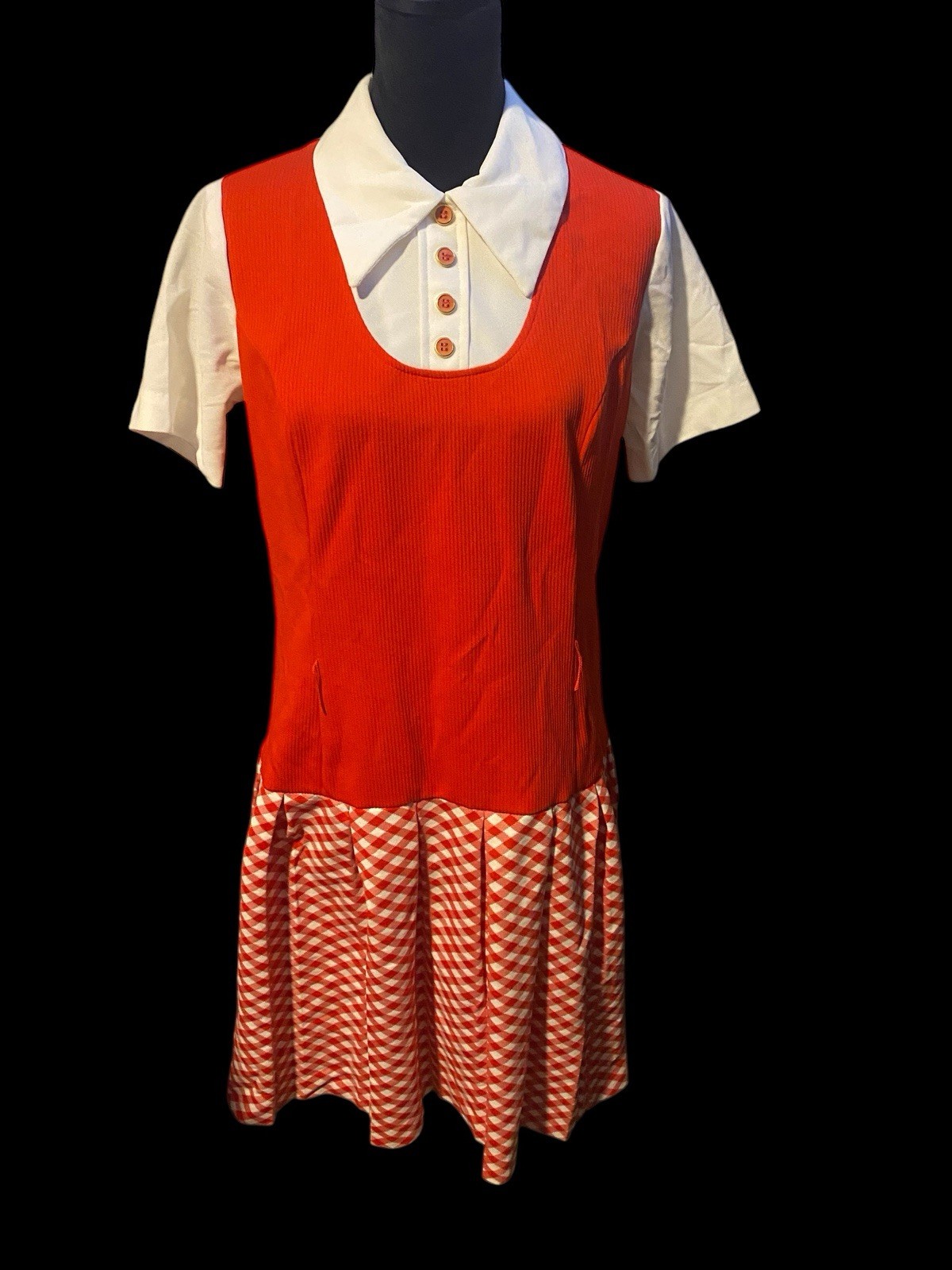 Vintage Stockton 70s Dress Red White Plaid Collar/ Mindi Dress. Size M-L.