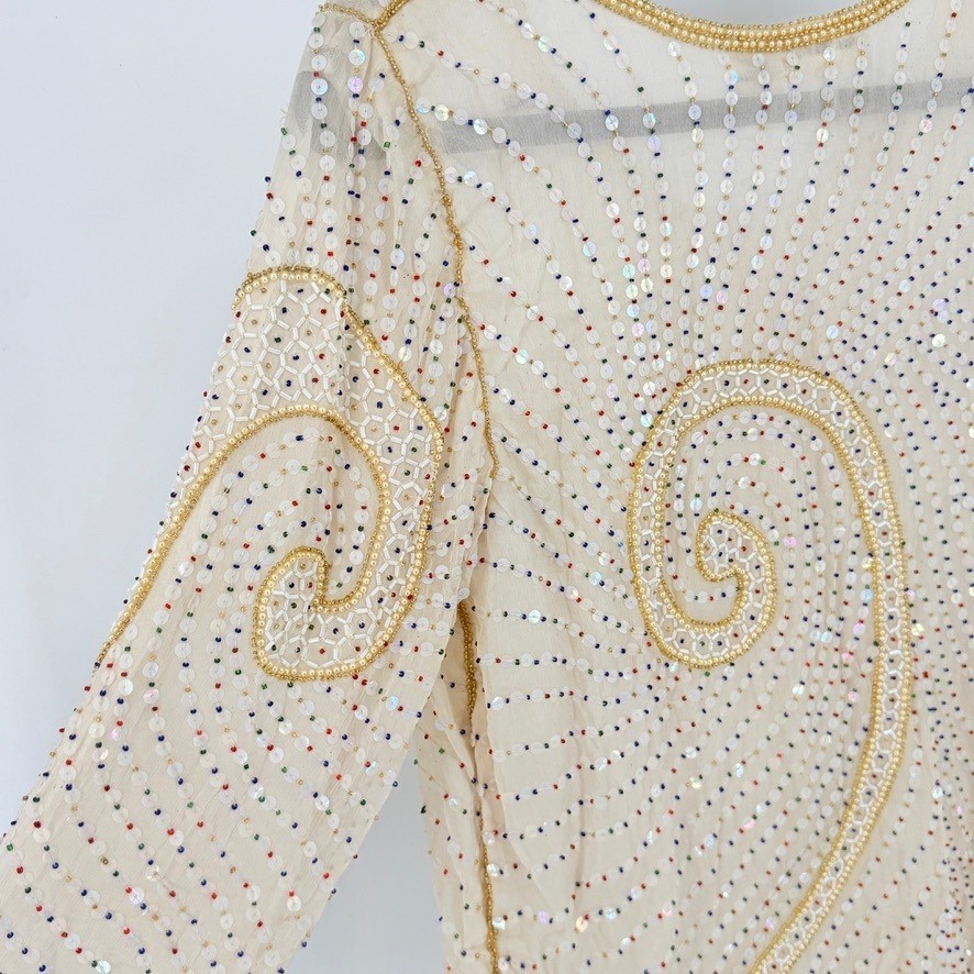 Vintage New Silk Beaded Sequin Blouse Cream Art Deco Top M NOS India Fairy Boho