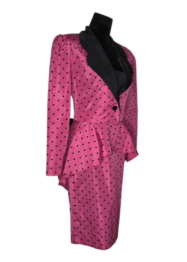 VTG 80s Lerner Hot Pink Polka Dot Peplum Skirt Suit Set Bow Back No Tag Fit Sz 6